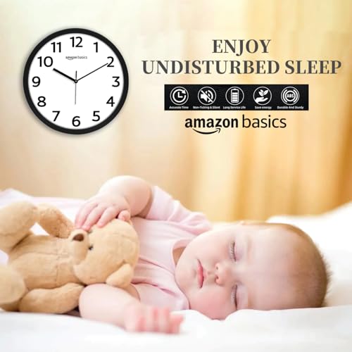 Image of Amazon Basics Plastic 12-Inch Wall Clock | Analog Operation | Durable Polypropylene Construction | Silent Precision | Battery-Powered | 1-Year Warranty (Black)