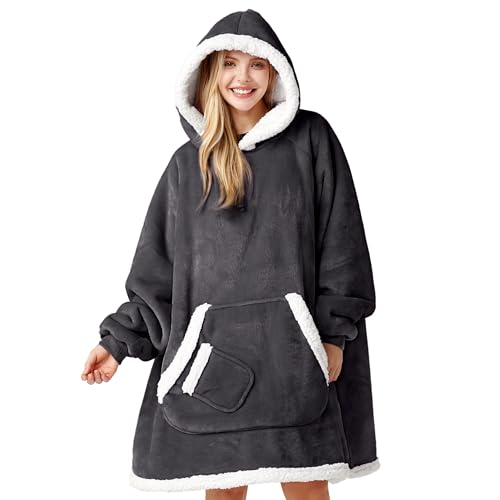 Image of Giggling Getup Wearable Blanket Hoodie for Women Men Gifts for Women Mom Wife Sherpa Fleece Hooded Blanket Sweatshirt Warm Cozy Sherpa Wearable Throw with Pocket & Sleeves for Adult Standard Dark Gray