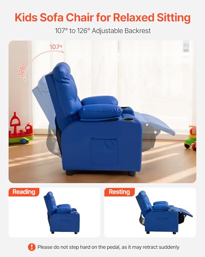 Image of VEVOR Kids Reclining Chair, Toddler Recliner with 2 Cup Holders and 4 Pockets, 107 to 126 Adjustable Back, Easy-to-Clean PU Leather Recliner Couch with Footrest, for Boys, Girls & Children (Blue)