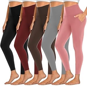 Dimore 5 Pack Women’s Leggings with Pockets, High Waisted Workout & Yoga Pants for Tummy Control, Non See-Through for Gym