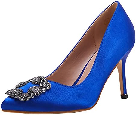 Women's Stiletto High Heel Pumps Classic Party Wedding Pointed Toe Pump Shoes with Jewel Buckle Blue