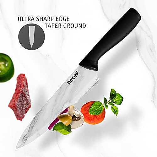 hecef Ceramic Coated Marble Pattern Knife Set, 5 Pieces Stainless Steel Ultra Sharp Kitchen Knives with Protective Blade Guards