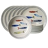 Ritzenhoff & Breker Maro Tafelservice 12-teilig, Steinzeug-Geschirr mit Fisch-Dekor, Spülmaschinengeeignet