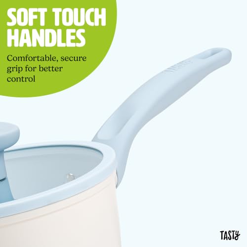 Tasty Ceramic Cookware Set, Healthy Nonstick Pots and Pans Set, Made without PFAS, PFOA, PFOS and PTFE, Even Heating, Silicone Rim Glass Lids, Silicone Tools, Dishwasher Safe, 12-Piece, Cream and Blue by Tasty - Used condition - Image 9