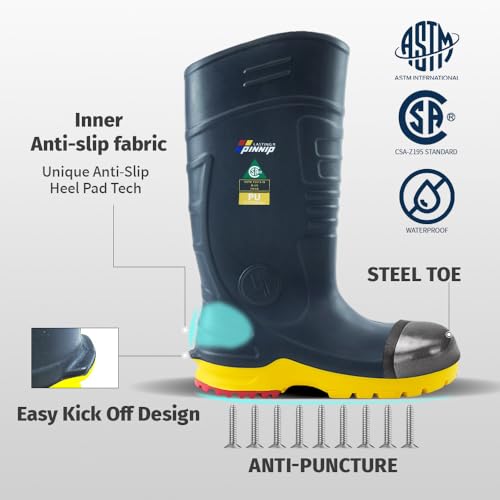 Image of Mens Steel-Toe Durable PU Rubber Work Boots - Waterproof Anti-Slip ASTM F2413-24 | Acid Oil Resistant Shank Mud Rain Hunting Boots