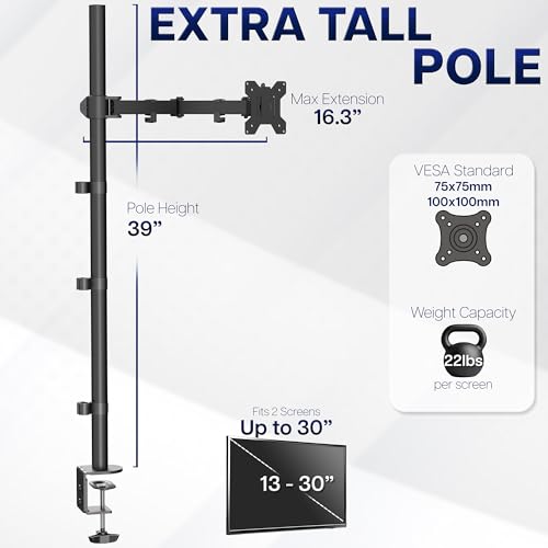 Image of VIVO Extra Tall Single Monitor Desk Mount, 39 inch Pole VESA Stand for 13 to 32 inch Screens and up to 38 inch Ultrawides, Holds 22 lbs, Black, STAND-V011