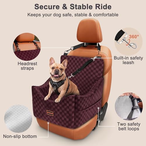 Image of JOEJOY Elevated Dog Car Seat for Small /Medium Dogs up to 36 lbs, Memory Foam Booster Seat with Detachable Washable Cover, Travel-Safe Car Bed with Safety Belts & Storage Pockets, Red