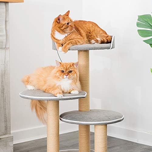 Petlicity Deluxe 3-Tier Cat Bed and Scratch Post with Jute Rope Scratching Areas, Grey Fabric Platforms for Napping or Playing