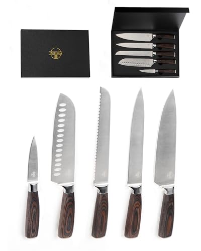 EXQUISIQA Juego de Cuchillos de Cocina Profesional – Set 5 Piezas de Acero Inoxidable Afilados con Mango de Madera Ergonómico, Cuchillos para Chef y Hogar, Incluye Caja Regalo