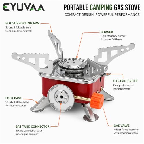 Image of EYUVAA LABEL Alloy Steel Portable Gas Stove for Travel with Butane Gas Cylinder, Folding Furnace Outdoor Camping Stove, Lightweight Gas Burner for Hiking and Emergency Use (Stove + 2 Butane Refill)