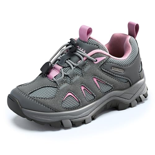 EQW Kids Waterproof Hiking Shoes Lightweight Outdoor Trail Sneakers for Boys & Girls Non-Slip Comfortable Walking Shoes Grey/Pink