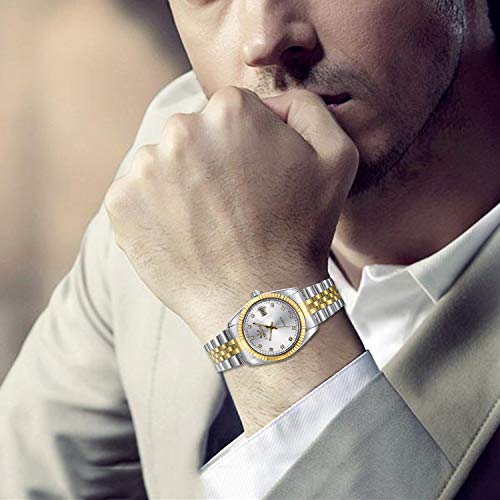 JewelryWe His and Her Matching Set Couple Watches Gold-Silver Tone Quartz Calendar Watch for Men Women