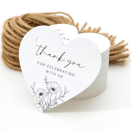 50 Heart Thank You Gift Tags with String Attached Small Thank You for Celebrating with Us Gift Bag Tags for Presents and Personalized Party Favors - Baby Shower Wedding Bridal Shower Birthday
