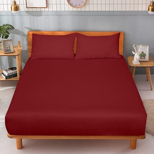 Image of ROYALE LINENS 300 Thread Count 100% Long Staple Combed Cotton Fitted Sheet King - Super Soft Deep Pocket Bottom Sheet - Fitted Sheets Only - Elastic Sheets (King, Red)