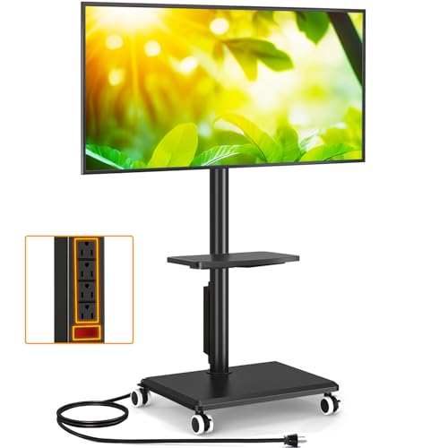 5Rcom Rolling TV Stand with Power Outlet for 32-60 inch TVs, Swivel and Height Adjustable Mobile TV Stand with Shelf, Strong TV Cart on Wheels up to 88 lbs for Living Room, Bedroom and Office (Black)