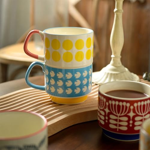 Image of Spooky Japanese Retro Ceramic Coffee Mug - 300ml Printed Stackable Cup with Handle - Hanging Design for Milk, Tea & Espresso - Ideal Gift for Couples, Home or Cafe (Blue and White - Bird)