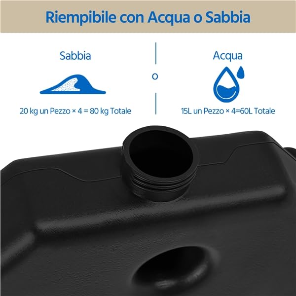 Yaheetech Base per Ombrellone Set 4 Pezzi Pesante Riempibile con Sabbia o Acqua 60L in HDPE con 4 Connettori Motivi di Rattan per Esterno Giardino Terrazza Nero