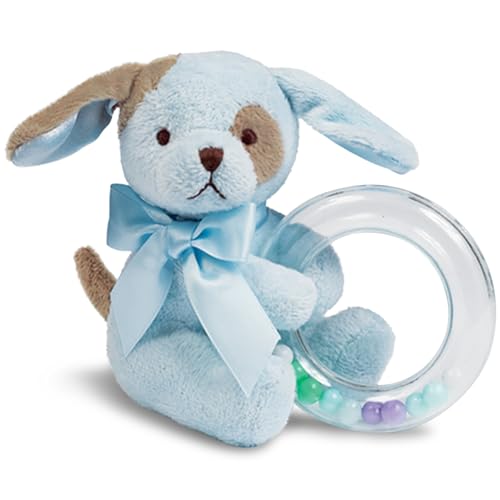 Bearington Baby Waggles Plush Stuffed Animal Blue Puppy Dog Shaker Toy Ring Rattle - 5.5 in Baby Plush Toys - Stuffed Animals for Newborns