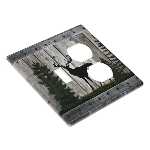 Decorative Outlet Covers Rustic Deer Elk Forest Grey Wood Board 2 Gang Wall Plate Cover Single Toggle Duplex Combo Two Switch Light Switch Cover Plate Jumbo Faceplate