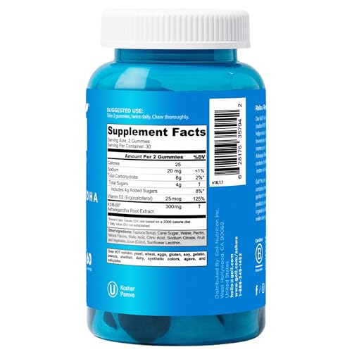 goli ashwagandha amp vitamin d gummy - 60 count - mixed berry ksm-66 vegan plant based non-gmo gluten-free amp gelatin free relax restore unwind pack of 1