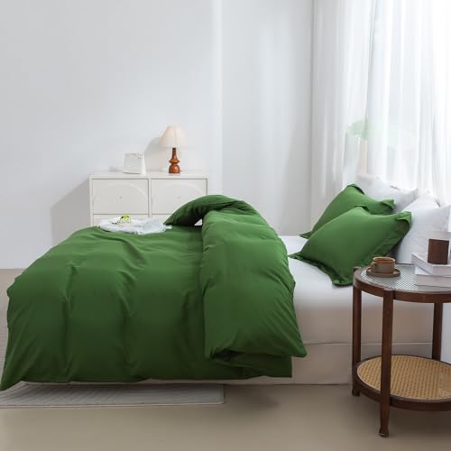 Image of SheRest Olive Green Duvet Cover - Soft Brushed Microfiber, 3 Pieces, 1 Duvet Cover 90x90 Inches with Zipper Closure 8 Ties & 2 Pillow Shams, Breathable Bedding Set for All Season, Queen (No Comforter)