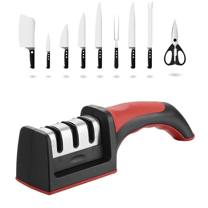 Image of Professional Kitchen Knife Sharpener with 3-Stage Sharpening System, Ergonomic Red Handle, Black (1, 4-Stage)