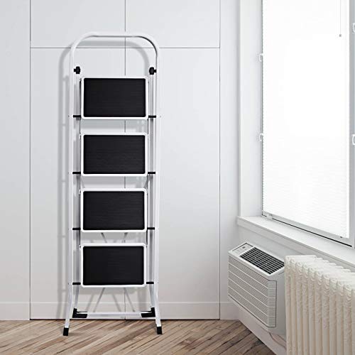 Delxo Folding 4 Step Ladder Ladder with Convenient Handgrip Anti-Slip Sturdy and Wide Pedal 330lbs Portable Steel Step Stool White and Black 4-Feet (WK2040-3)