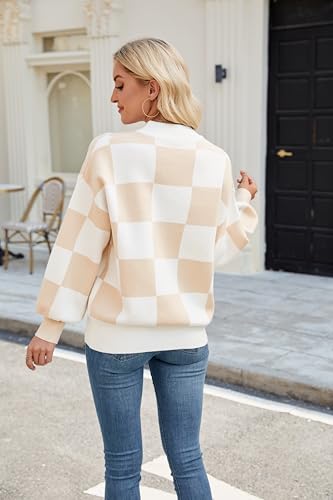 Image of Spring Sweaters for Women, Women's Long Sleeve Turtleneck Stripes Plaid Trendy Oversized Ribbed Knit Pullover Sweater