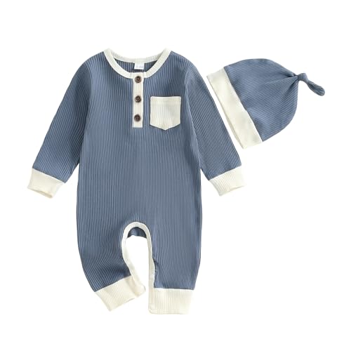 fhutpw Newborn Baby Boy Clothes Ribbed Knit Bodysuit 3 6 Months Infant Fall Long Sleeve Splicing Color Romper Jumpsuit & Hat