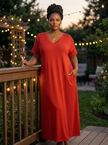 Image of SUZONANA Women Casual T-Shirt Dress V Neck Short Sleeve Solid Color Oversize Dress with Front Two Pockets