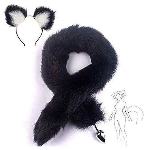 Blanco-Negro Fluffy B-ütt P-l-ǔ-g Fox Tail, Cat Ears Diadema Cosplay Juego de roles Juguetes de Halloween Hacer la vida maravillosa 2 Unids/set