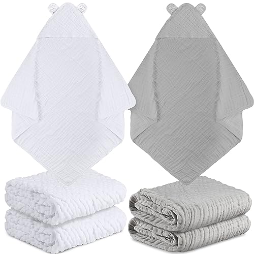 Image of Chumia 4 Pcs Baby Hooded Muslin Cotton Towel 32 x 32 Soft Towels for Newborn, Infant and Toddler, Cute Essentials 6 Layers Washcloths (White,Gray)
