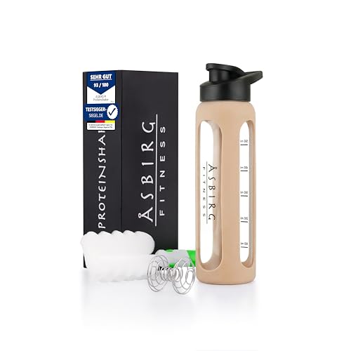 Asbirg Shaker Protéines en Verre Trempé - 700ml Gourde avec Boule Mélangeuse | Étanche, Sans BPA & Résistant | Beige