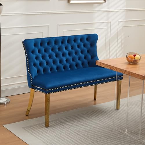 Image of 45.6''Velvet Dining Bench, Button Tufted Upholstered Dining Table Bench with Wing Highback, Nailhead Decoration, Small Loveseat Sofa with Gold-Plated Steel Legs, Mid Century Modern Seating, Blue