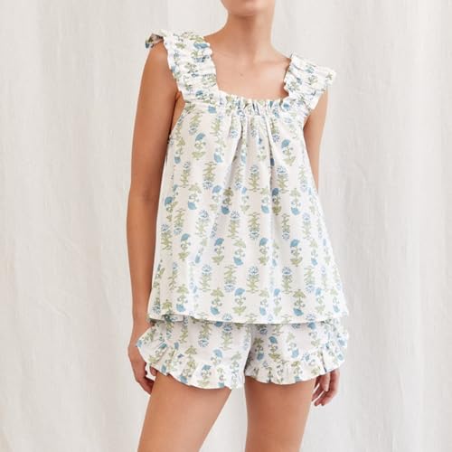 Women Floral Print Pajama Sets 2 Piece Lounge Set Ruffle Trim Sleeveless Top and Shorts Pjs Sleepwear2