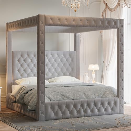 Jocisland Upholstered Canopy Bed Frame King Size with 74.8" Tall Four Poster and Velvet Deep-Tufted Tall Headboard with Charging Station/Modern Luxury Style/No Box Spring Needed/Grey