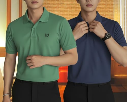 Image of MACK JONNEY Men's Solid Polo T-Shirt | Premium Cotton Blend | Regular Fit | Short Sleeve | Collared Casual Wear|Pack of 2 -MJ-157