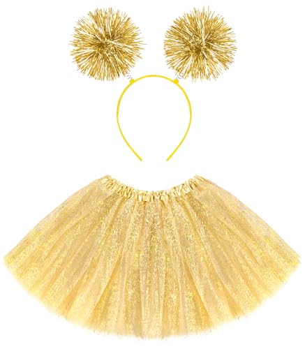 Tutus for Women Adult with Pom Pom Headband 3 Layers Classic Elastic Tulle Tutu Skirts Foil Printed Tutu for Party Running Gold