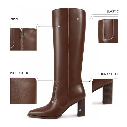 ISNOM Boots for Women - Knee High Boots Women - Pointed Toe Chunky Heel, Side Zip Tall Boots for Fall Winter, Fashion Boots in PU Leather2