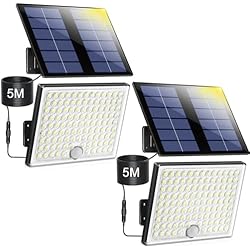 Lámpara Foco Led Con Sensor De Movimiento Realky Lampara solar exterior con sensor de movimiento, foco led exterior solares 113 LED 2000mAh 4 Modes, luz exterior solar potente lamparas solares exterior jardin con cable de 5 m, 2 piezas