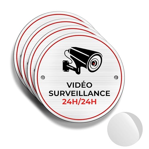 FloraVigo Panneau de Caméra 4 Panneaux pour Propriété Privée, Ø 85 mm, Alarme de Sécurité Intérieur/Extérieur, en Aluminium, Avec Autocollants (Vidéo...