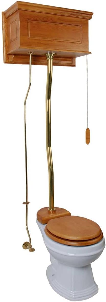 Light Oak Finish High Tank Pull Chain Toilet Wooden Raised Tank Round Top Entry White Porcelain Bowl And Brass Z Pipes Adjustable Height 59"- 74" With Hardware Renovators Supply Manufacturing