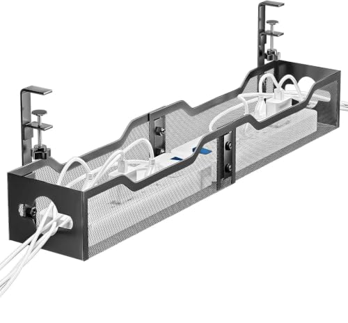 Under Desk Cable Management Tray Black, Litwaro Cable Management Under Desk No Drill, 25'' Cable Tray with Clamp for Wire Management, Cord Organizer for Office, Home - No Damage to Table