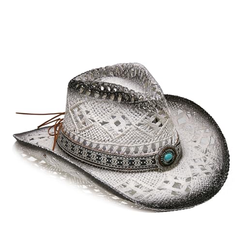 Image of YOUBADU Western Straw Cowboy and Cowgirl Hats with Decorative Bands - Unisex Wide Brim Raffia Style Sun Hat