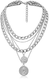Sttiafay Punk Chunky Chain Necklace Exaggerated Layered Cuban Link Chain Necklace Multilayer Carved Coin Pendant Necklace Thick Choker Jewelry for Women (Gold)