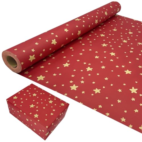 Rollo de papel de regalo de cumpleaños, 43 cm x 15 m, papel de regalo rojo con diseño de estrellas, papel kraft reciclable para cumpleaños, bodas y fiestas