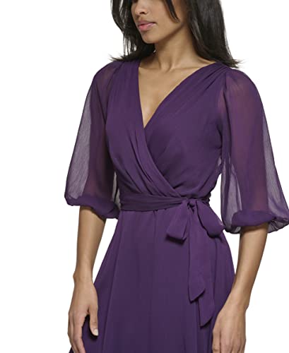 Image of DKNY Women's Chiffon Balloon Sleeve Faux Wrap Midi Dress with High-Low Hem
