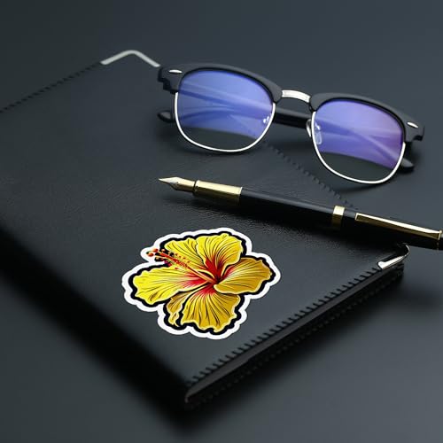 Image of Yellow Hibiscus Flower Sticker 5 Inch - Tropical Floral Vinyl Decal, Waterproof Bright Aesthetic Flower Sticker for Laptop, Water Bottle, Car, Notebook, Scrapbook
