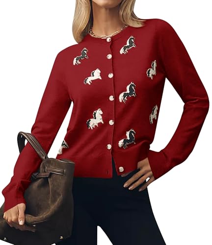 Horse Print Cardigan Sweater for Women Lightweight Fall Casual Button Down Long Sleeve Crewneck Knit Sweater Tops