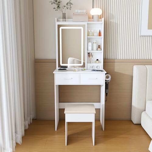 Tocador blanco con espejo LED y taburete mini para dormitorios pequeños 2